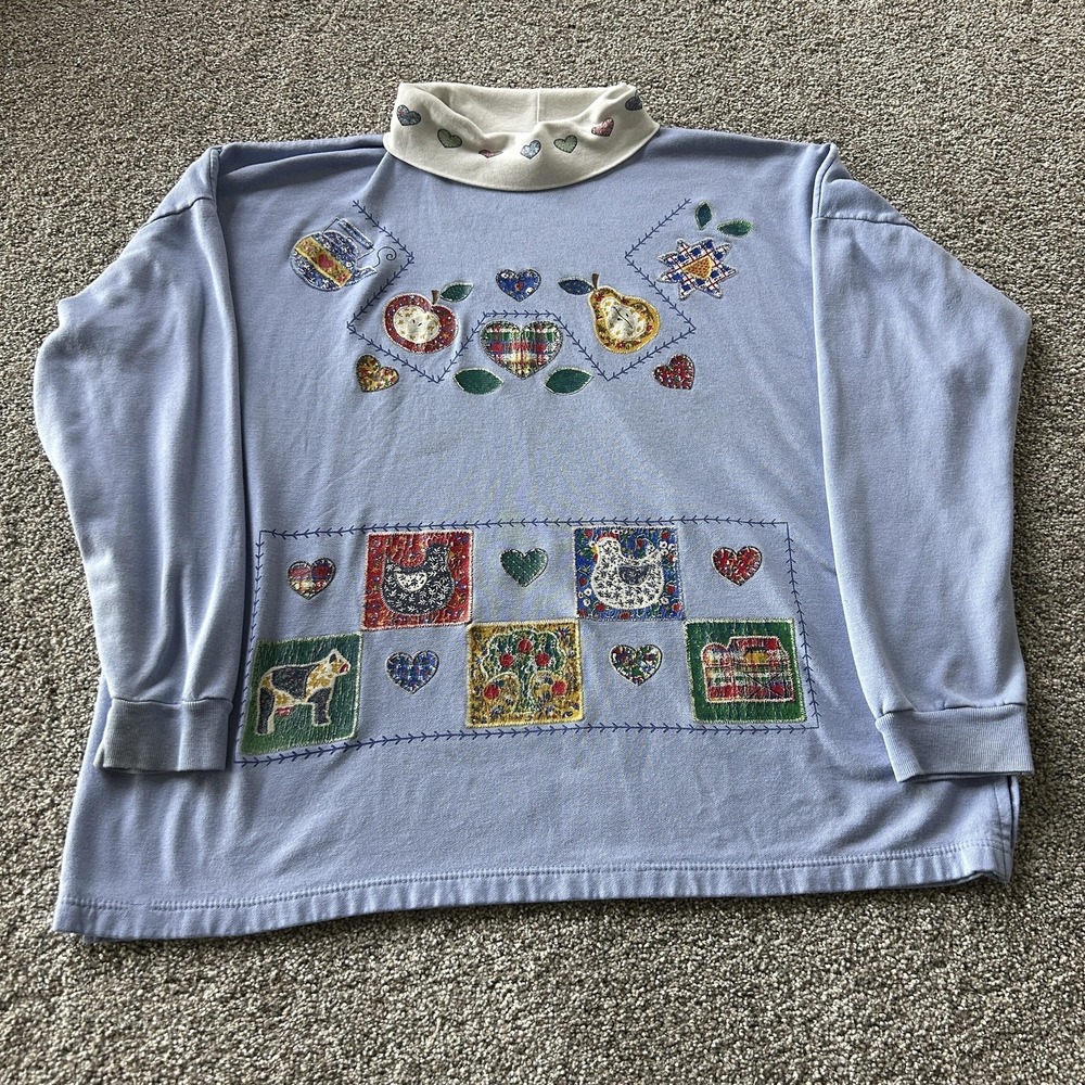 Vintage Act III Sweater Womens 22W Blue Mock Neck Embroidered Hearts Pullover